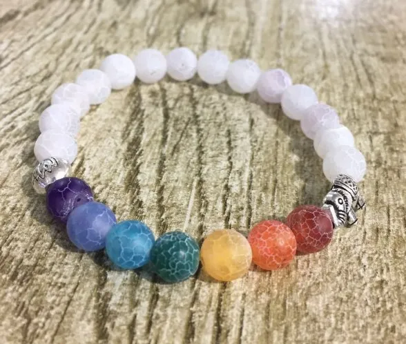 

8mm white Punk multicolor Agate Chakra Healing Reiki Buddha Yoga Bracelet elastic adjustable Volcanic Stone Bangles cfv2