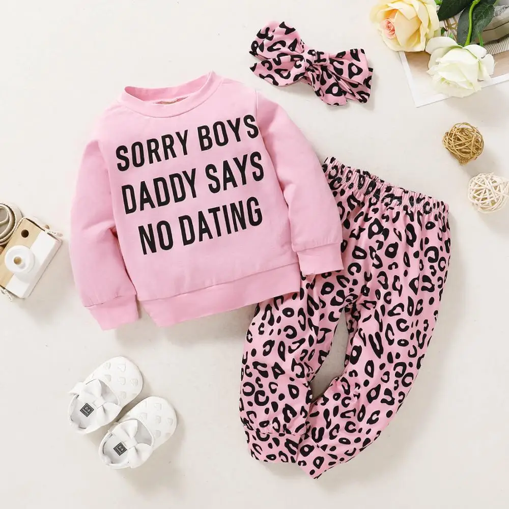 

3PCS Children Spring Outfits 18-24 Months Baby Girl Clothes Pink Daddy Says No Dating Top + Leopard Pants With Headband Sets
