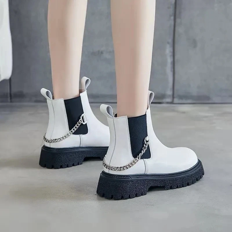 

Chelsea Chain Ankle Boots For Women Thick-Leather Shoes Female Smoke Boots Ins Trendy Single Platform Martin Short Booties