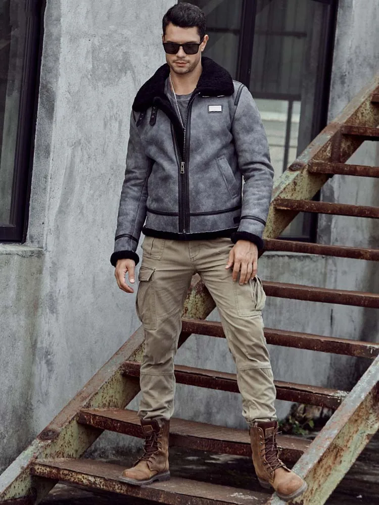 Denny&ampDora New Mens Shearling Coat B3 Bomber Jacket Grey Leather Overcoat Natural Sheepskin Parkas Short Winter Fur Outwear
