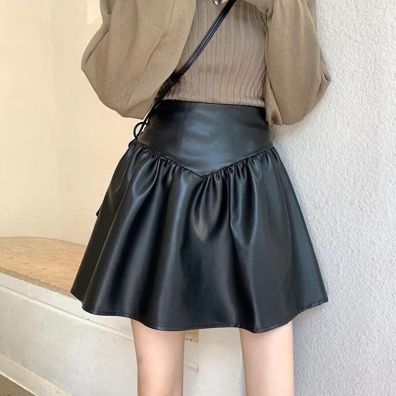 

HOUZHOU Black PU Leather Skirt Women High Waist Zipper A-line Patchwork Mini Skirts Sexy Autumn Korean Fashion Casual Streetwear
