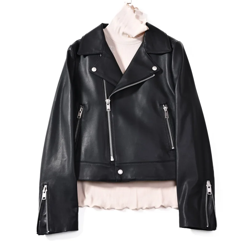 Женская мотоциклетная куртка из натуральной овечьей кожи черная короткая