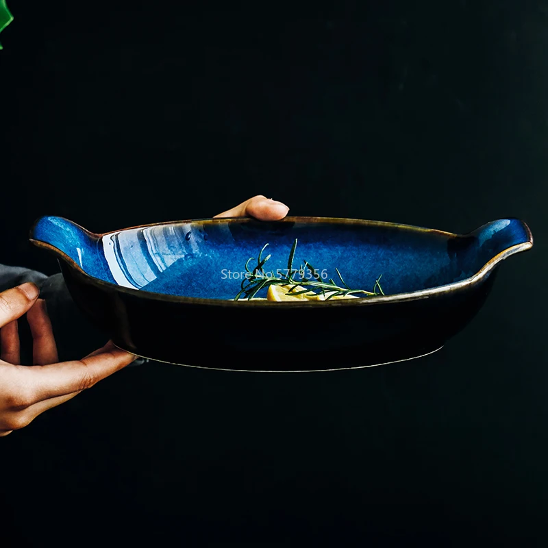 

Creative Simple Kiln Blue Boat-shaped Plate Ceramic Long Fish Tank Grilled Cheese Rice Bowl Vegetable Bowl