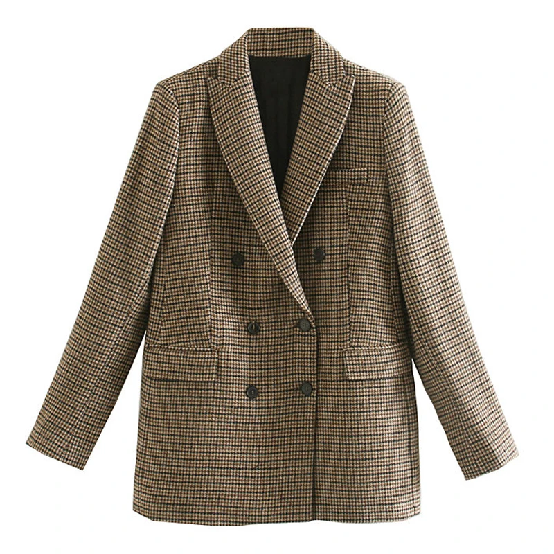 

Vintage Casual Plaid Blazer Women Fashion Double Breasted Office Ladies Suit Jacket Notched Collar Long Sleeve Coat Ladies H1135