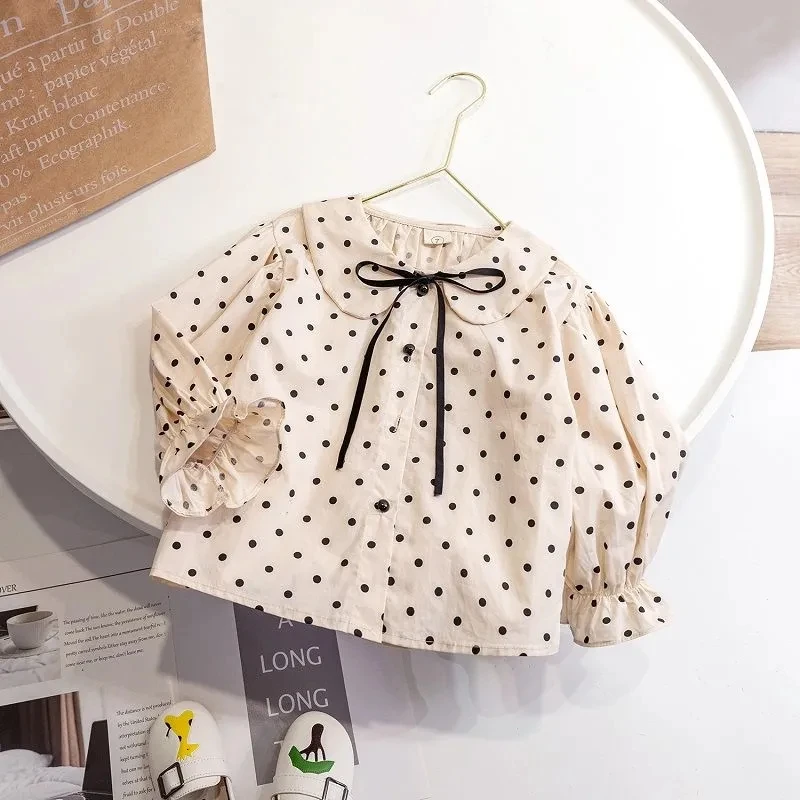 

Children's autumn spring new baby kids girls Korean dot bow shirt baby girls cute Long Sleeve Shirt cotton fashion Tops P4 299