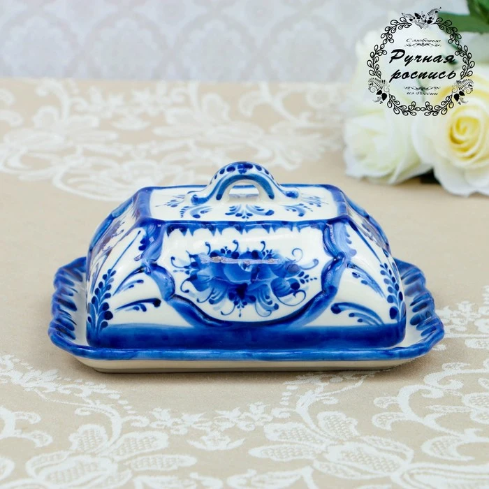 Масленка прямоугольная гжель фарфор 12х18 см 4177656 | Дом и сад