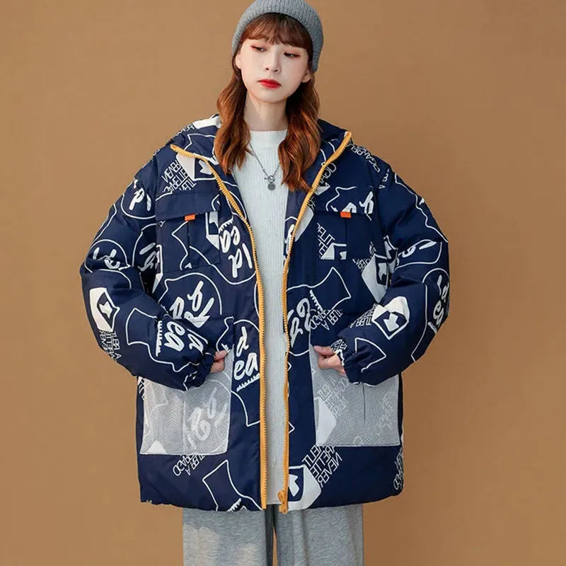

New Winter Coat Zipper Thicken Windproof Warm Down Cotton Jacket Women Printed Cotton Padded Jacket Casual Hooded Parka Overcoat