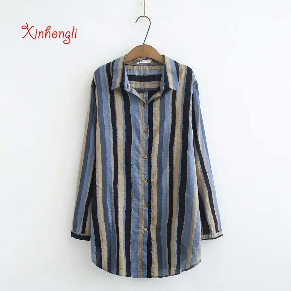 

Plus size soft cotton Striped women loose shirts 2020 NEW spring autumn casual ladies blouse female tops oversize turquoise