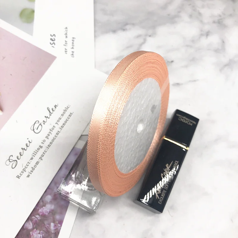 Pale peach HINDJEF 6 мм 25 ярдов Розовый Шелковый Атласный органза полиэстер лента для шитья Свадебная вечеринка ручной работы украшения тесьма подарочная упаковка - Цвет: Pale peach