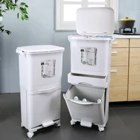 New 42L Kitchen Gargabe Can Wet Dry Trash Sorting Bin Layers Recyclable Vertical Trash Cabinet Household Waste Bin With Wheels