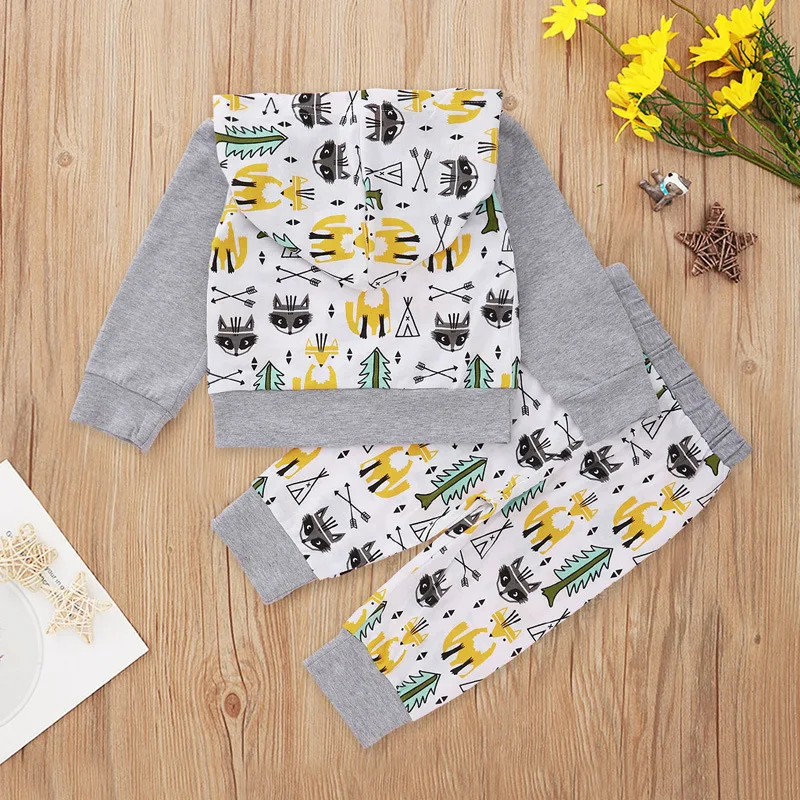 

Autumn Baby Boys Girls 0-2T Cotton Fox Tree print long sleeve Hooded Top Sweatshirt + Pants 2pcs Children Clothes Set