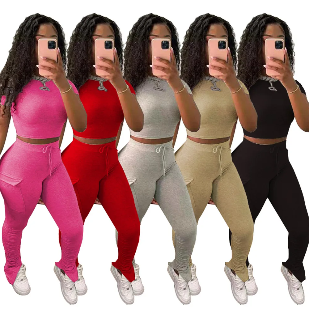 

Женские однотонные Цвет спортивный костюм летняя футболка с круглым вырезом с коротким рукавом Топ и карманы зауженные брюки для девочек м...