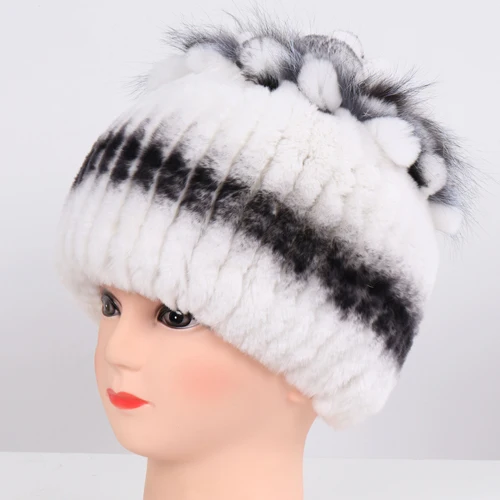 white and black 1 Новое поступление зимние женские Хорошие эластичные Настоящий мех кролика шапочки шапки женские толстые теплые натуральная меховая вязаная шапка из настоящего меха - Цвет: white and black 1