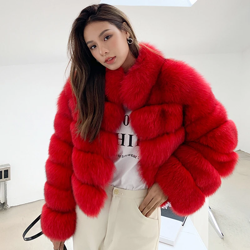 Winter Women Real Fox Fur Coats with Stand Collar Natural Whole Skin Genuine Fox Fur Jacket Female Outwear Luxury Fur Overcoats