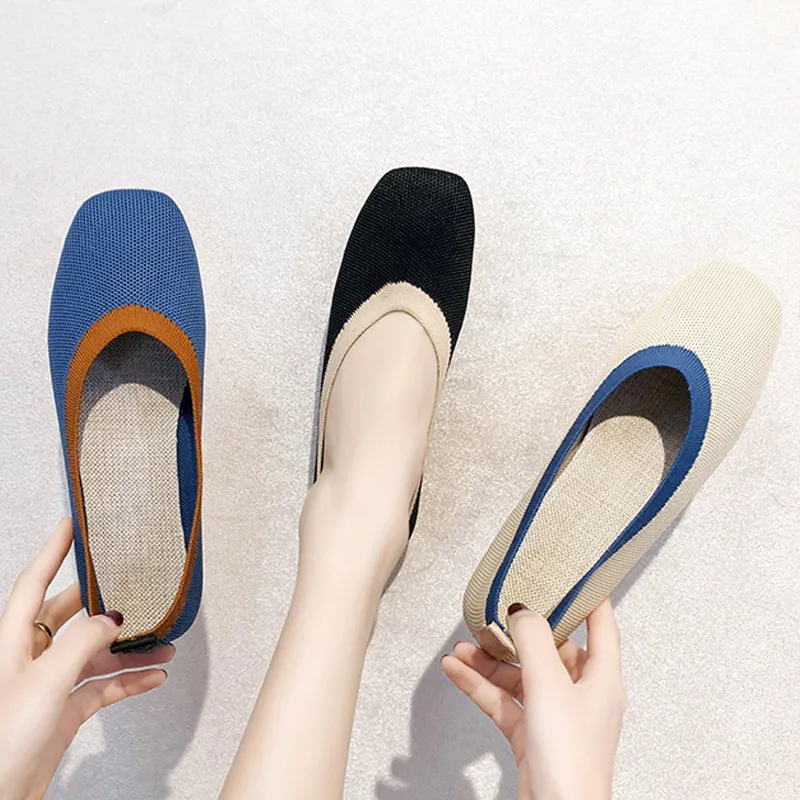 

Square Toe Woven Flat Women's Single Shoes Ladies Shallow Knitted Beanie Shoe Mixed Color 2021 Fashion Outdoor Casual Comfort