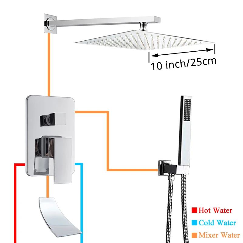 10 inch Shower Set Uythner Ванна смеситель для душа дождевая душевая головка Хромированная Душевая система Водопад ванна кран смеситель для душа Смесители Настенные - Цвет: 10 inch Shower Set