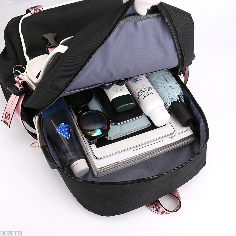 

bags for school teenage girls Backpack Women Cool Patchwork Large Capacity USB Charging bookbags Youth Black Pink