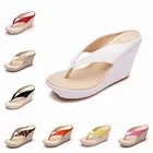 Женские пляжные шлепанцы, богемные сандалии на танкетке, ремешок из пеньковой веревки, высокий каблук, платформа, в полоску, Повседневные тапочки