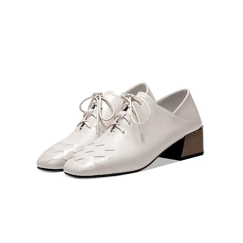 

Krazing pot 2020 sheep leather lace up weaving decoration med heels office lady plus size Autumn winter simple style pumps L11