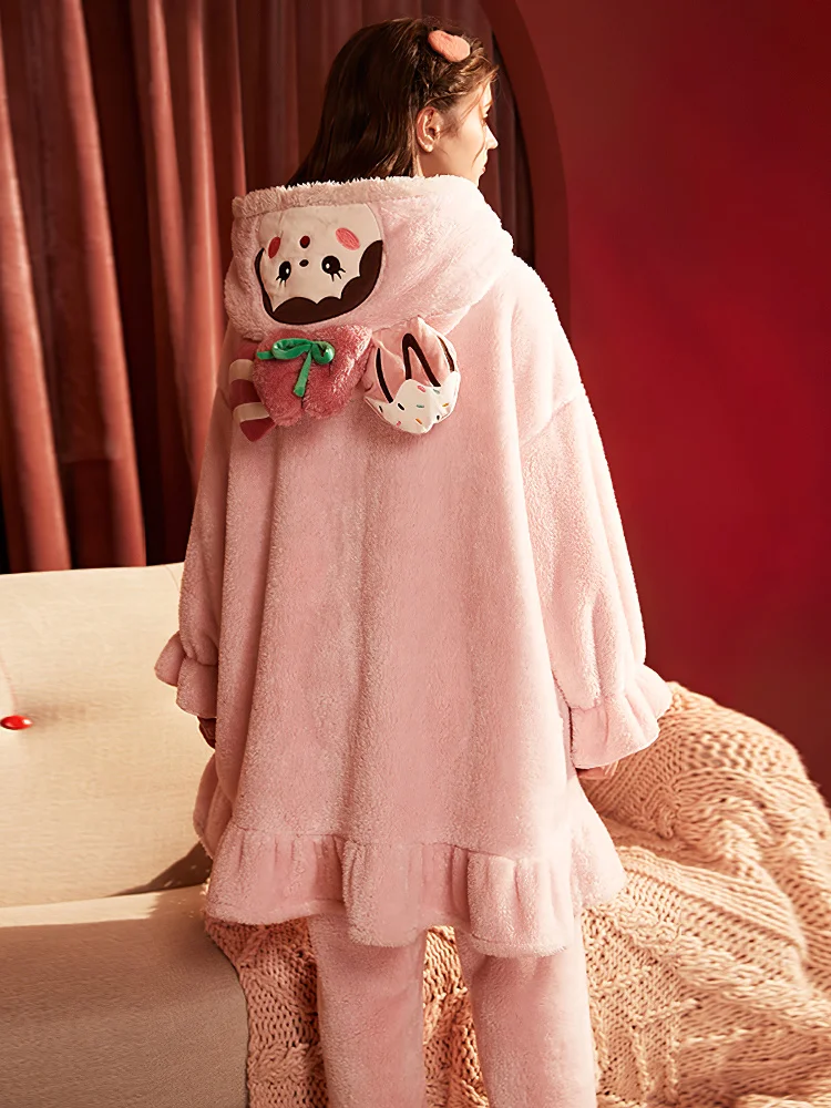 Women's Plus size Velvet Robe Pant Winter Bathrobe Plush Hooded Thickened Soft Bath Robe Sets Female Homewear Warm Dressing Gown