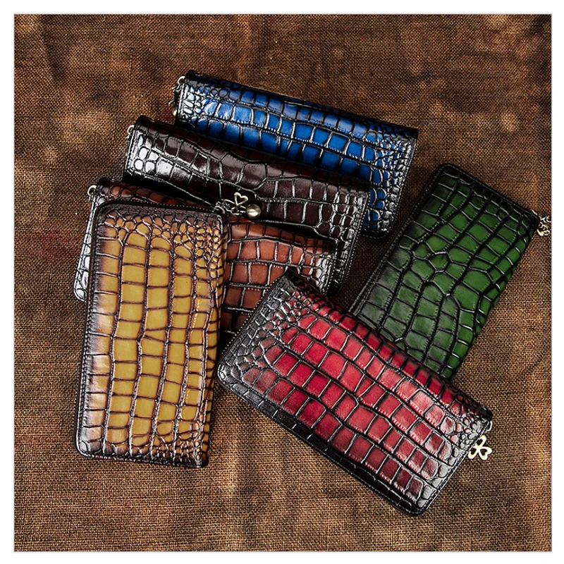

New Crocodile Pattern Clutch Bag Female Genuine Leather Wallets Retro Hand-painted Long Coin Purse 36 Card Bit Women ID Holders