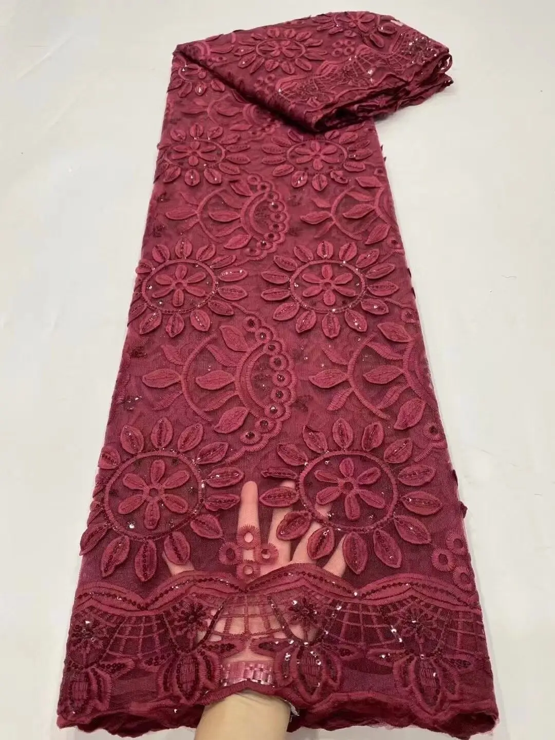 

Nigerian Guipure Cord Lace Fabric Embroidery Latest High Quality Lace Red African Milk Silk Lace Fabric for Wedding