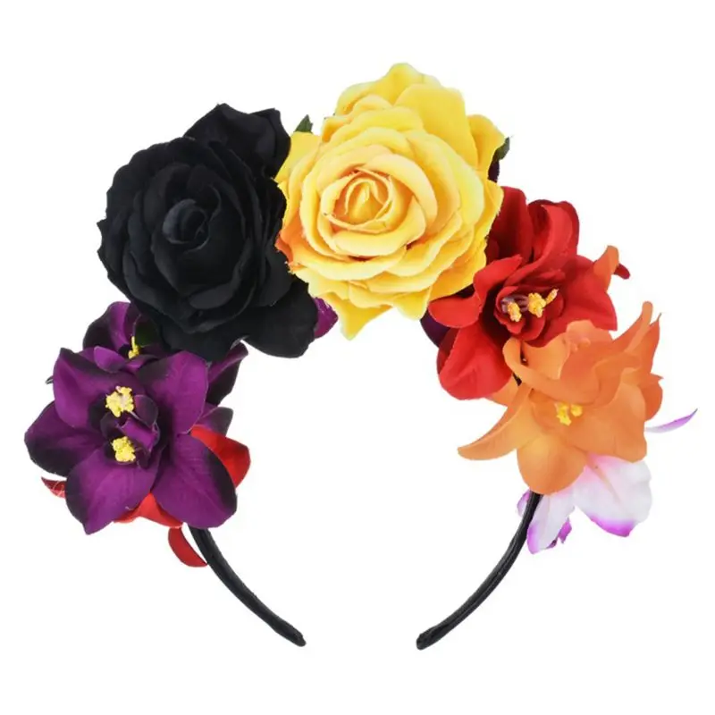 

Womens Simulated Rose Flower Crown Headband Day of The Dead Halloween Headpiece Colorful Fake Stamen Party Hair My25 21