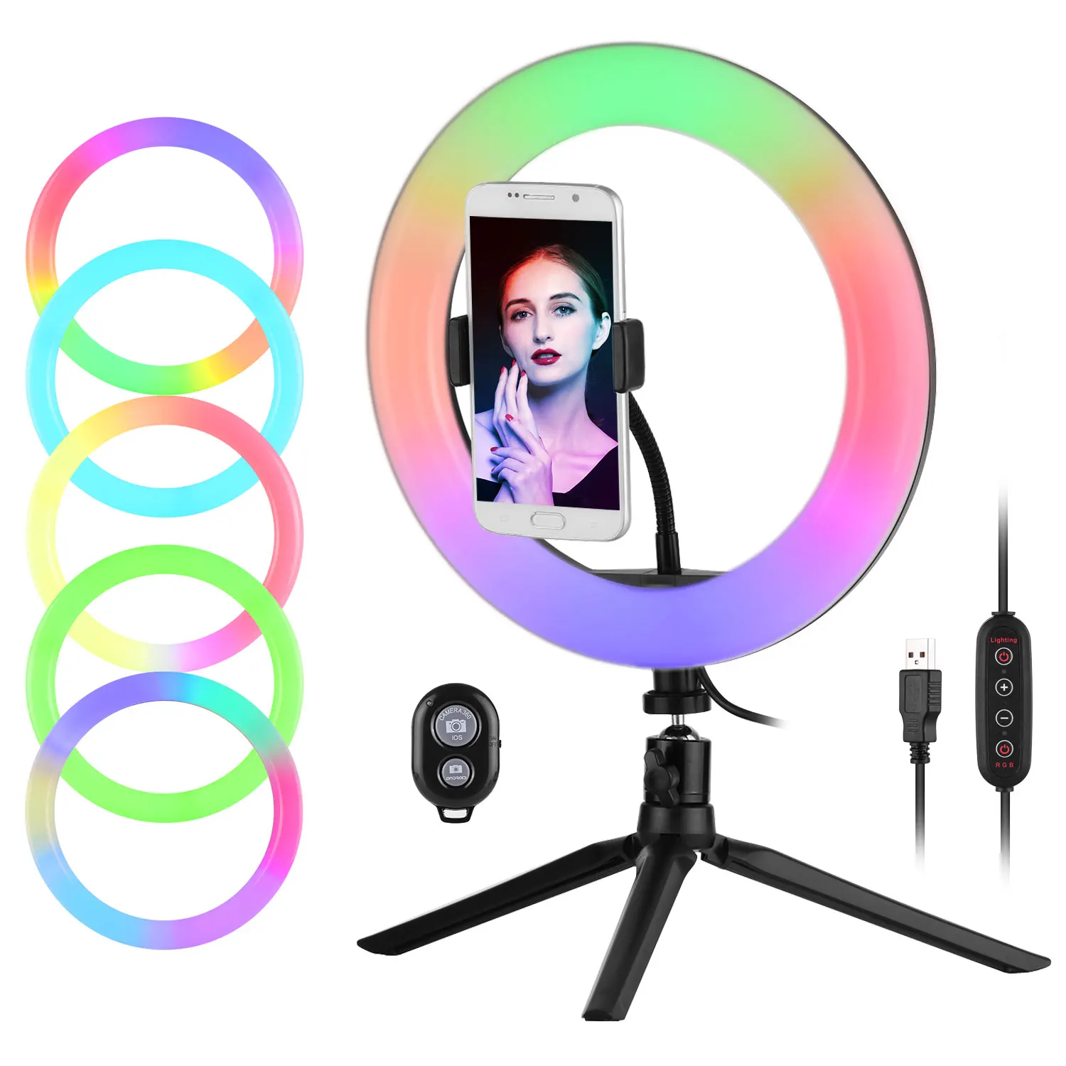 

10 Inch RGB Ring Light Colorful LED Photography Lamp 29 Lighting Modes Dimmable USB Powered with Phone Holder Ballhead Adapter