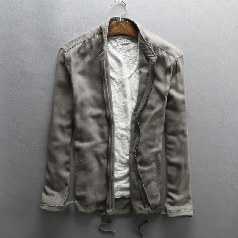 Льняная мужская Осенняя Тонкая Повседневная Верхняя одежда с воротником-стойкой