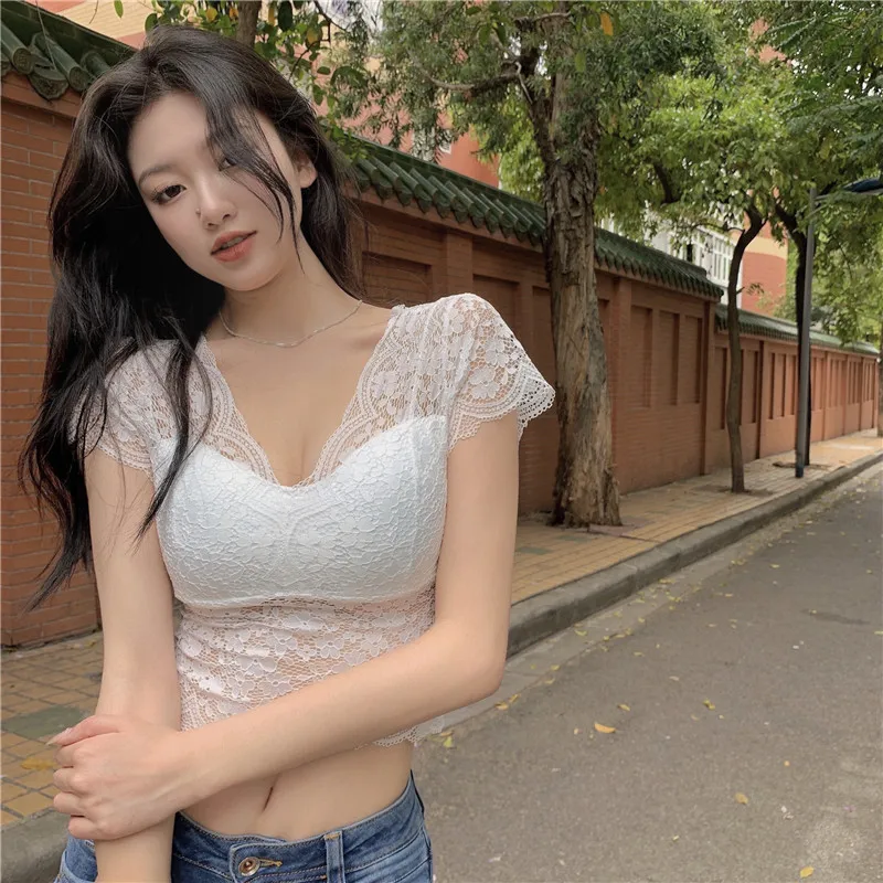 

Summer Top 2021 Women's Floral Lace Tops, Sexy V Neck Short Sleeve Solid Color Patchwork T-Shirts Lace Top Ropa Mujer