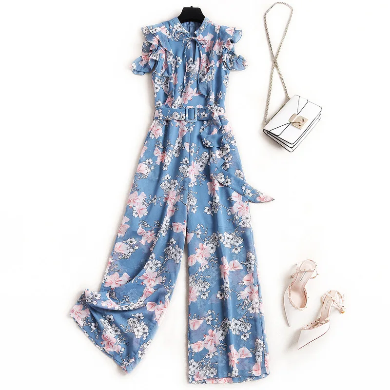 

Women summer 2020 rompers and jumpsuits designer floral print sashes bowknot ruffles sleeve chiffon jumpsuit overalls