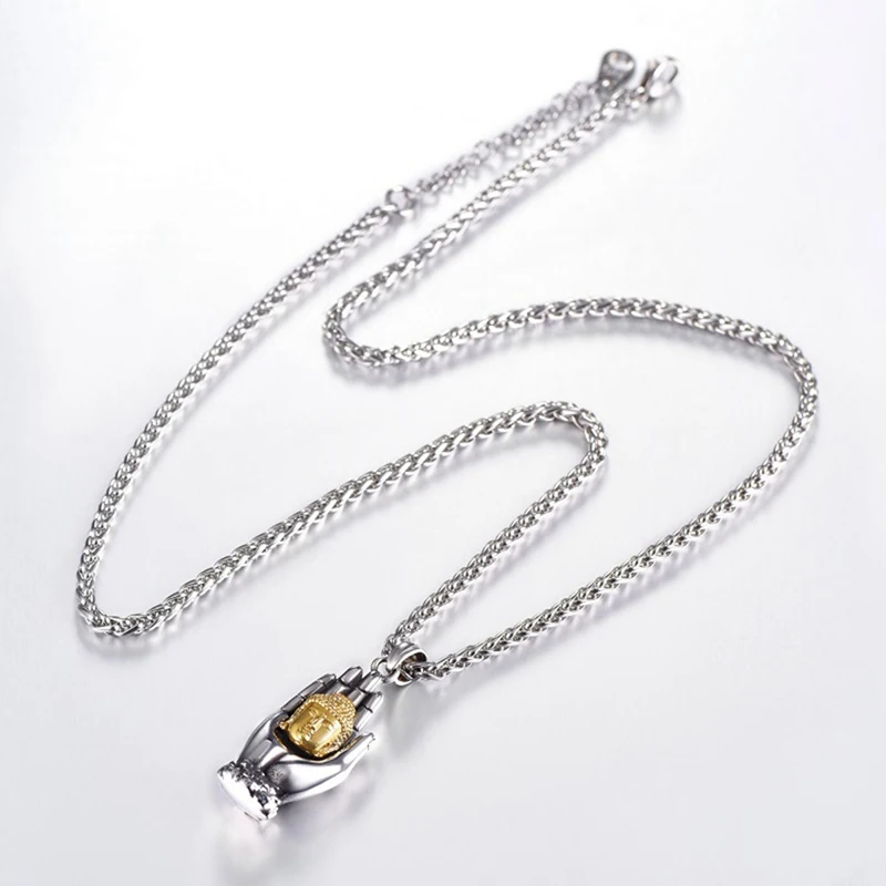 

Gold Color Buddha Necklace Men Hand Palms Pendant Necklace Stainless Steel Trendy Jewelry Necklaces for Women Gifts Wholesale