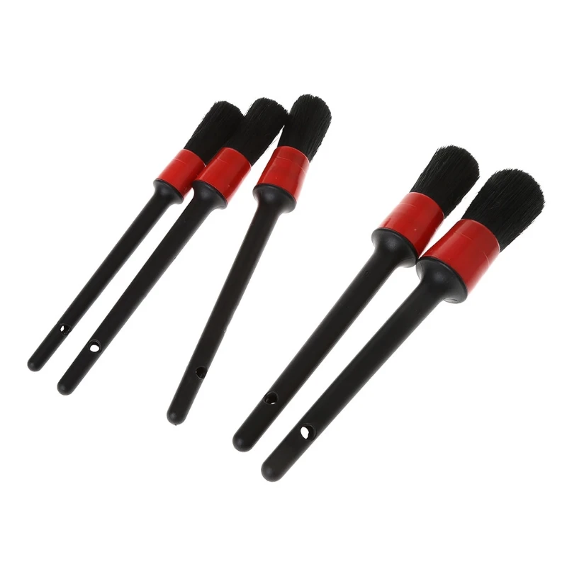 

X7AE 5 Pcs Natural Boar Hair Detail Brush Set Automotive Detailing Brushes For Car Cleaning