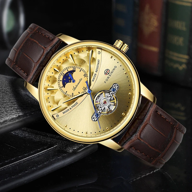 Forsining Tourbillon синие автоматические часы мужские классические Moonphase Дизайн Натуральная кожа Ремешок Водонепроницаемый Бизнес наручные часы подарок