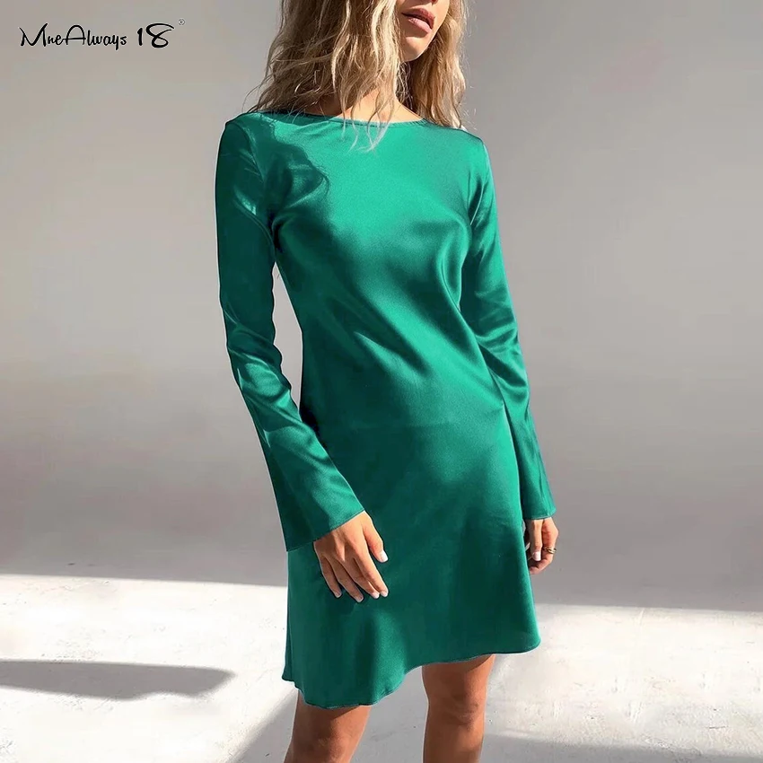 

Mnealways18 Flare Sleeves Casual Women Satin Dress Blue Round Neck A-Line Dress Zipper Spring 2022 Spring Fashion Female Dress