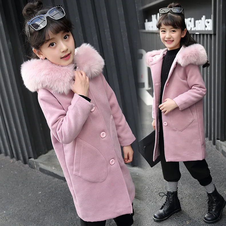 

New 2020 Autumn Winter Children Clothing Woolen Long Outwear Girls Coat Hooded Jacke Big Kids Long Sleeve Wool & Blends Clothes