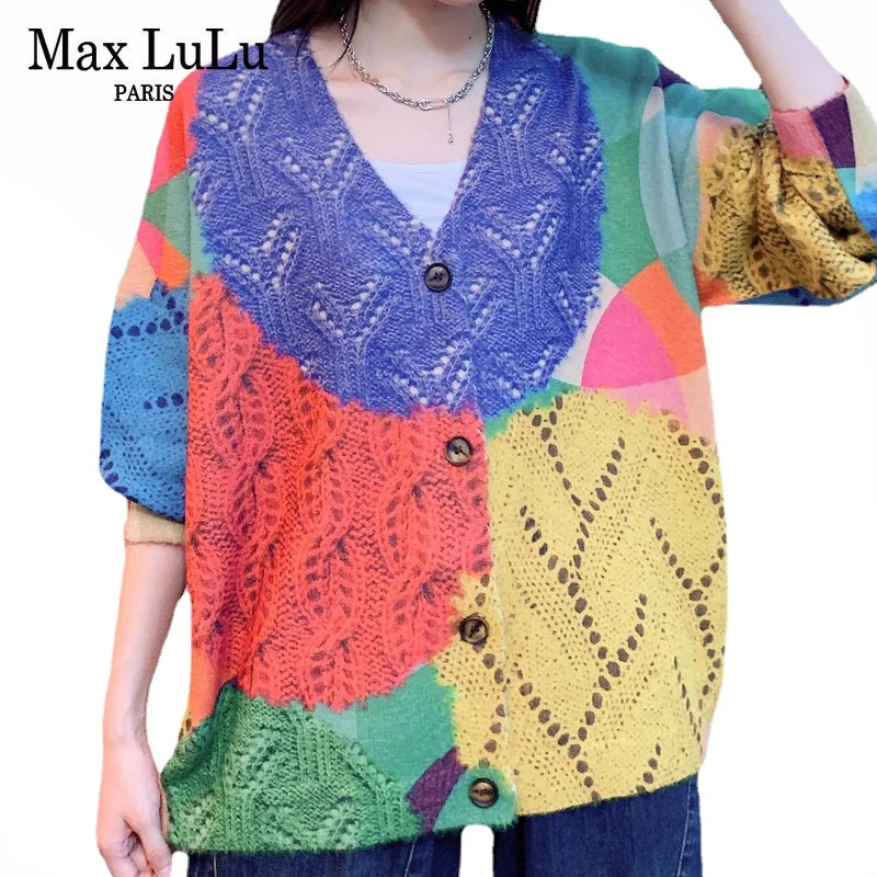 

Max LuLu European 2021 V-Neck Casual Sweaters Autumn Fashion Womens Button Vintage Cardigans Ladies Patchwork Knitted Clothes