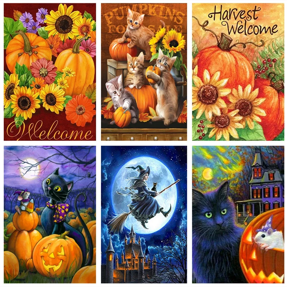 

DIY Full Round Drill 5D Diamond Painting Kits Happy Halloween Pumpkin Diamond Embroidery Mosaic Craft Home Decoration Gift