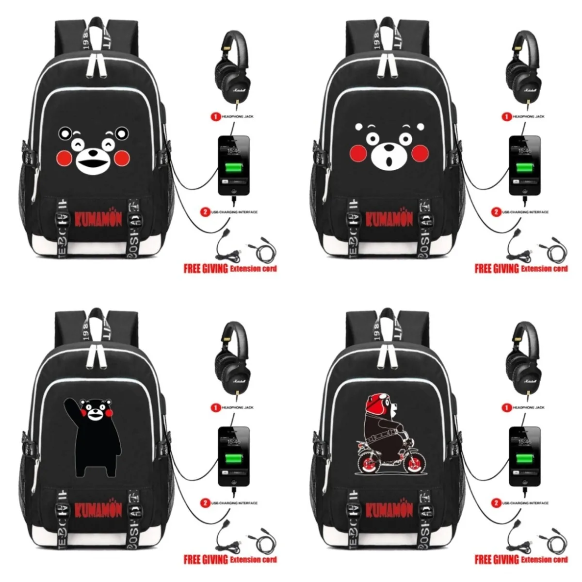 

multifunction USB charging Cartoon anime Kumamon Backpack Cosplay Men women's Student School Bags travel Shoulder Laptop Bag