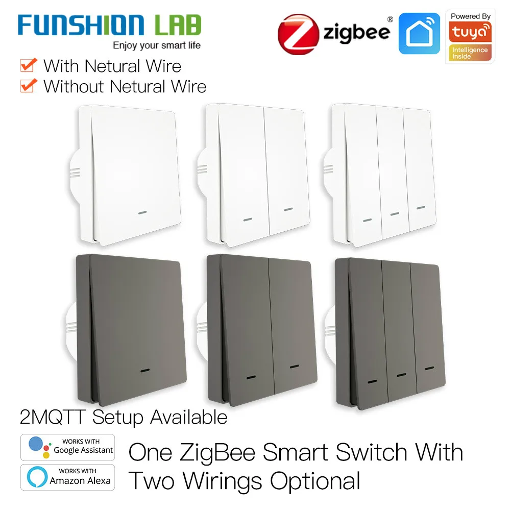 

FUNSHION Tuya ZigBee Smart Light Switch No Neutral Wire No Capacitor Needed Smart Life 2/3 Way Works with Alexa Google Home