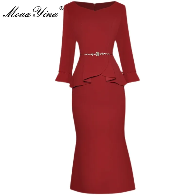 

MoaaYina модное дизайнерское летнее красное платье-футляр с v-образным вырезом, рукавом три четверти, бисером, высокой талией, платье миди