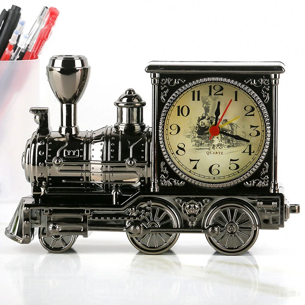 

Creative Cartoon Locomotive Train Alarm Clock Plastic Model Clock Ornaments Antique Engine Design Desk Office Home Decoration