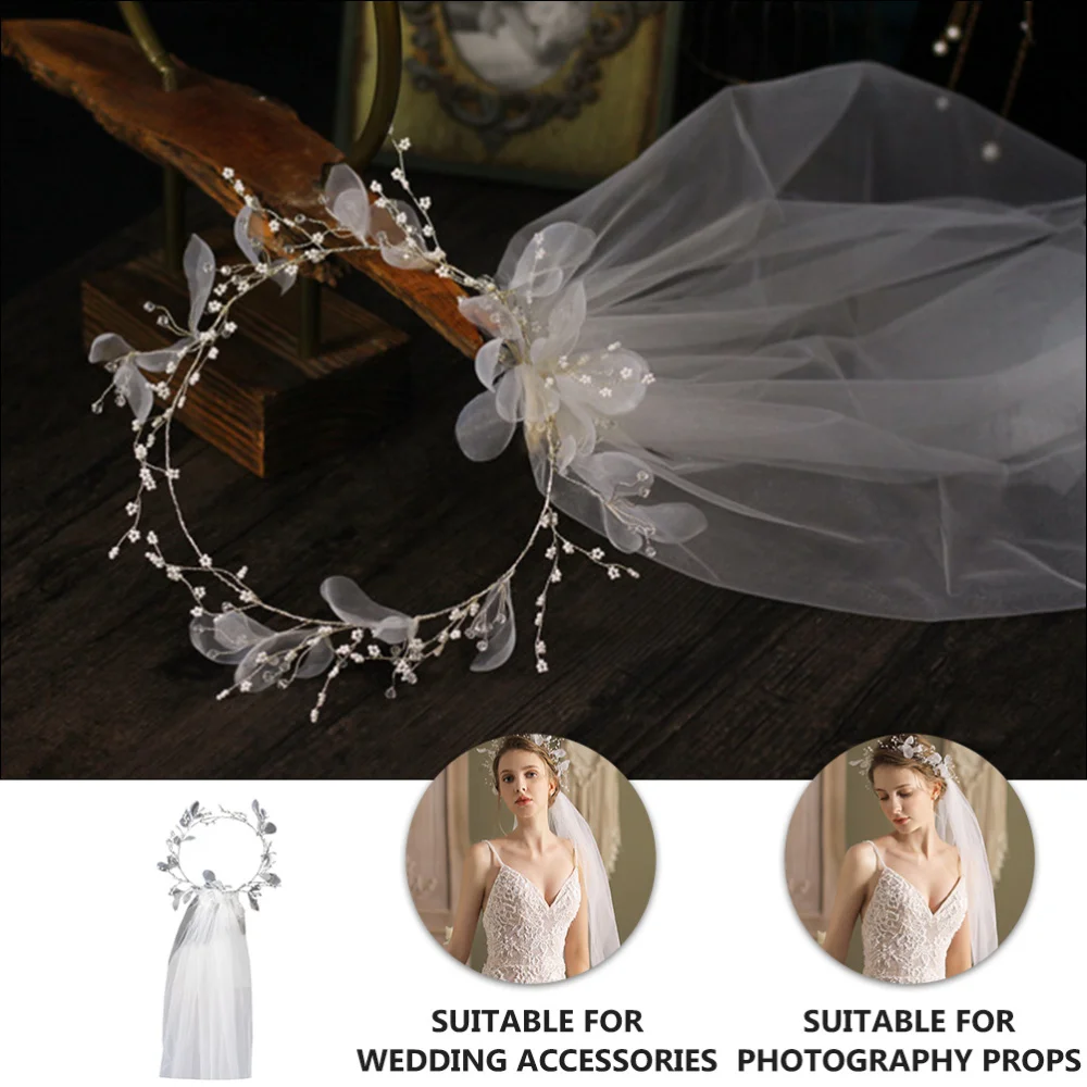 

1Pc Bridal Wreath Veil Elegant Beads Photo Veil Wedding Supply White