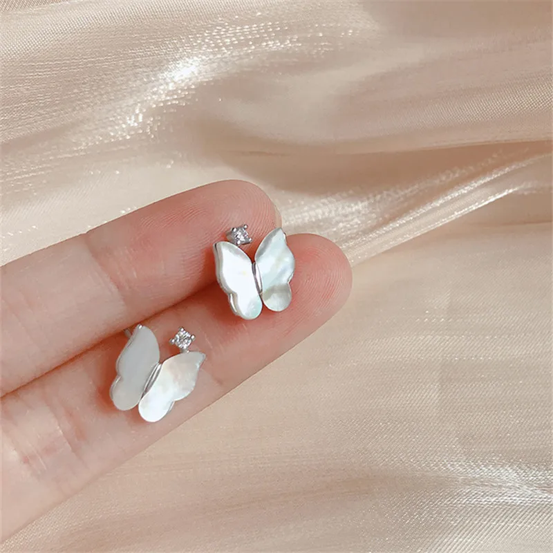 

925 Sterling Silver Shell Zircon Butterfly Stud Earrings For Women Wedding Party Jewelry eh1100