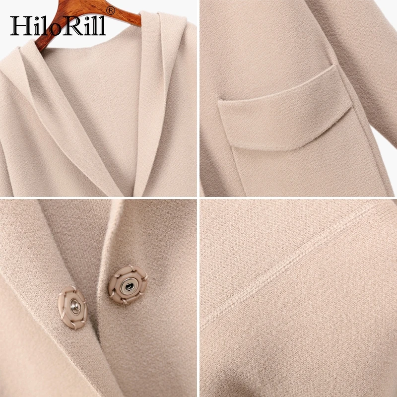 

HiloRill Women Winter Long Woolen Coats Solid Long Sleeve Casual Hooded Coat Female Elegant Pockets Outerwear Overcoat 2021