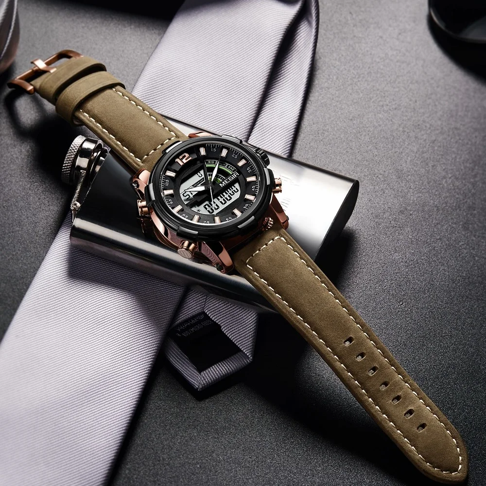 Часы MEGIR Мужские кварцевые аналоговые спортивные цифровые в стиле милитари с