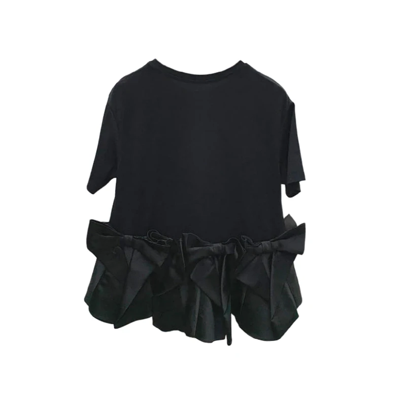 

Korean Fashion Bow Patchwork Designed Black T Shirt Simple O-neck Woman Tshirts Summer Casual Short Sleeve Ladies Tops