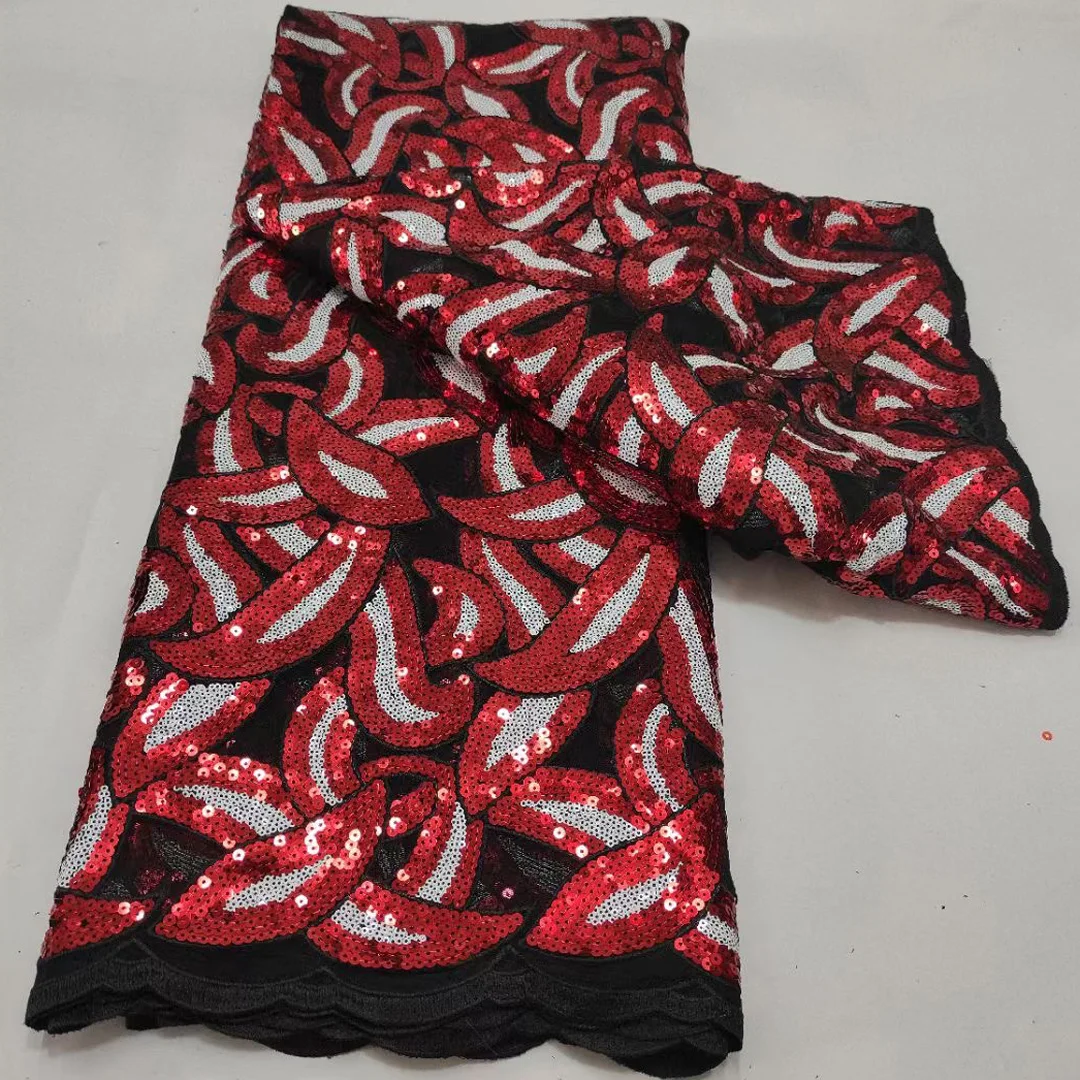 

(5yards/pc) Black red African tulle lace fabric sequins embroidered French net lace newest design for party dress FHS118