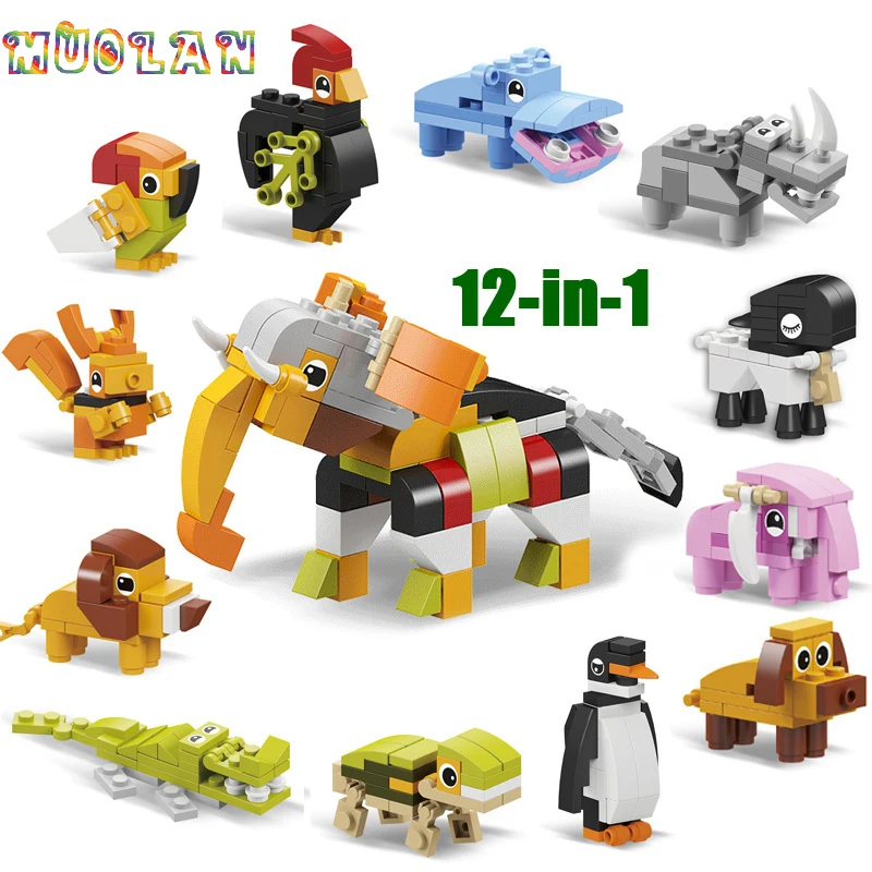 Конструктор Animal world 12 в 1 набор кирпичей слон лев совместимый с LEGO развивающая