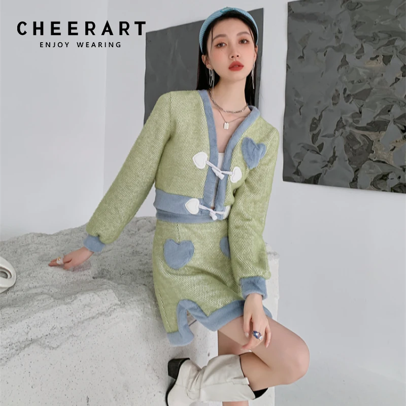 

CHEERART, зеленые осенние женские комплекты из двух предметов, юбка, милая одежда, короткий топ, мини-юбки, твидовая куртка, пушистый комплект, ко...